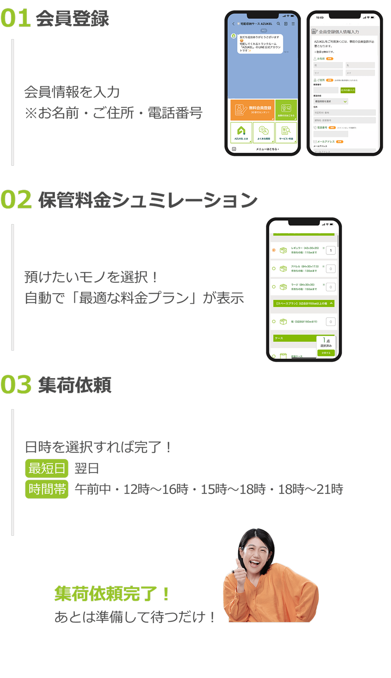 LINEでご依頼 1,会員登録。2、保管料金シミュレーション。3,集荷依頼。集荷依頼完了！あとは準備して待つだけ！